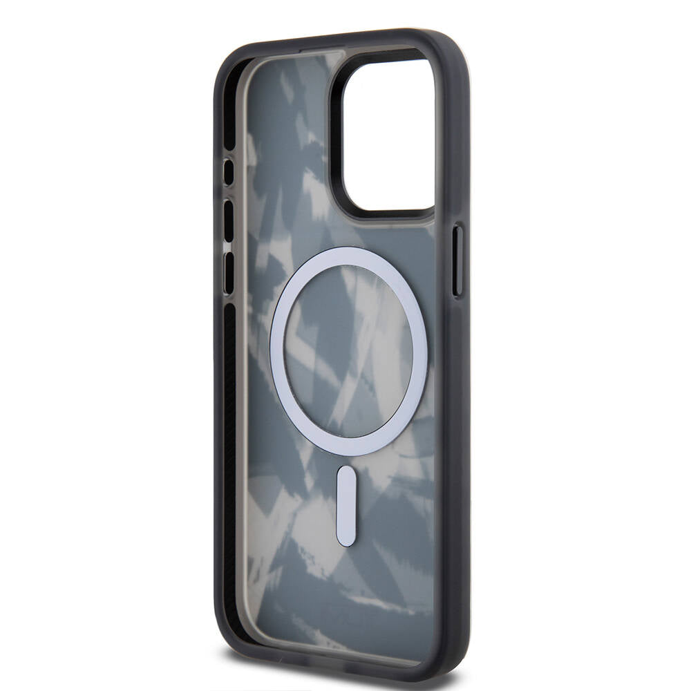 iPhone 15 Pro Max Kılıf TUMI orijinal Lisanslı M-safe Şarj Özellikli Buzlanmış Saydam Fırça Kamuflajı Desenli Kılıf