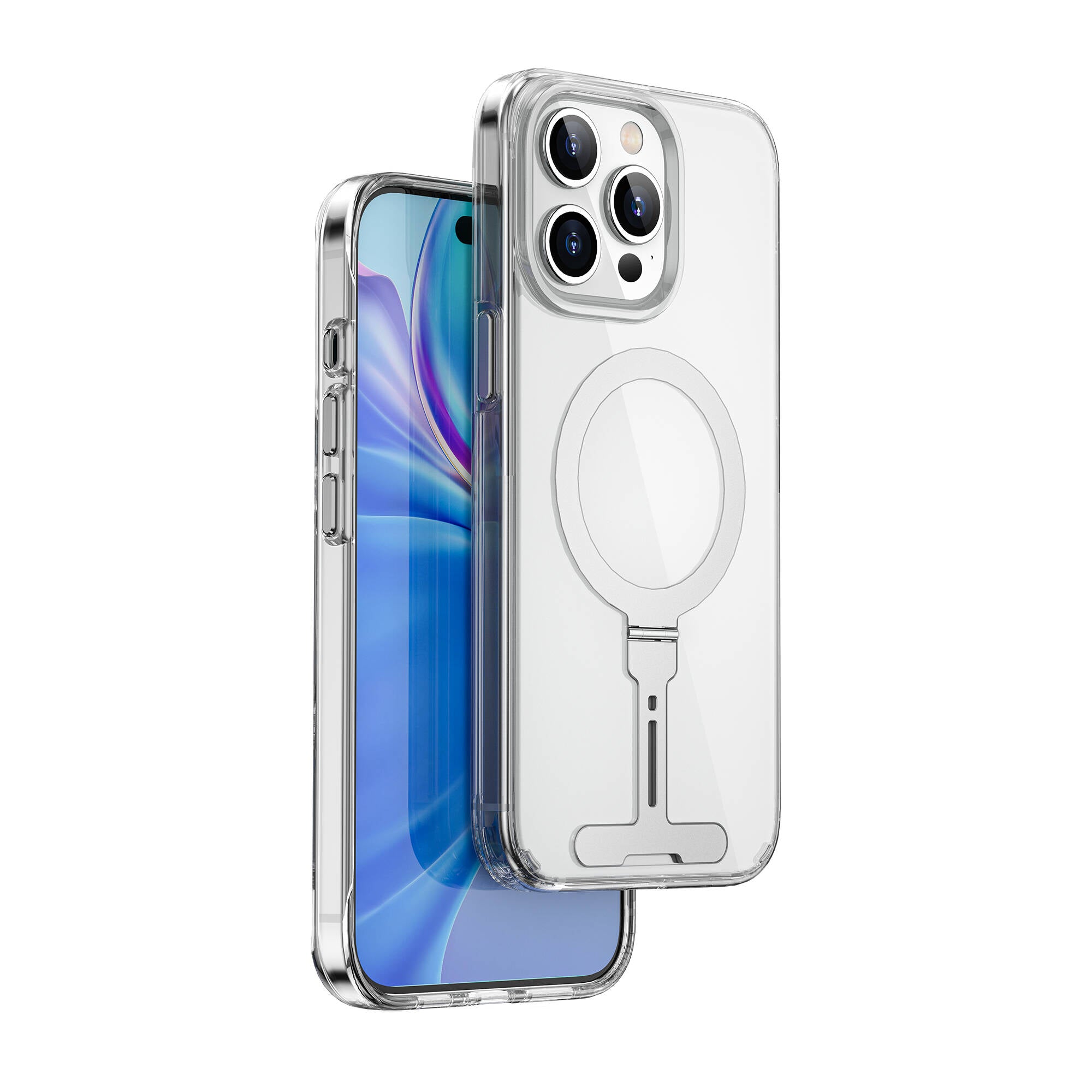 iPhone 15 Pro Max Kılıf Wiwu FYY-014 M-safe Şarj Özellikli Alüminyum Alaşım Metal Standlı Şeffaf Kılıf