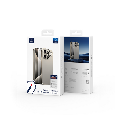 iPhone 15 Pro Max Wiwu Wi-IP002 2in1 Temperli Cam Ahize Toz Önleyici Ekran Koruyucu ve Kamera Lens Koruyucu Set