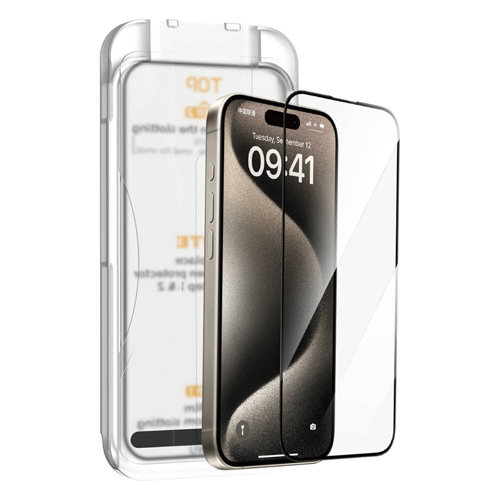 iPhone 15 Pro Wiwu SQ-008 Oleofobik Easy Install Darbeye Karşı Dayanıklı Temperli Cam Ekran Koruyucu + Kolay Uygulama Aparatlı