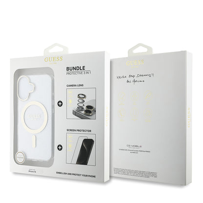 iPhone 16 Guess Orijinal Lisanslı 3'lü Aksesuar Seti IML Baskılı Simli Glitter Kılıf + Ekran Koruyucu + Lens Koruyucu