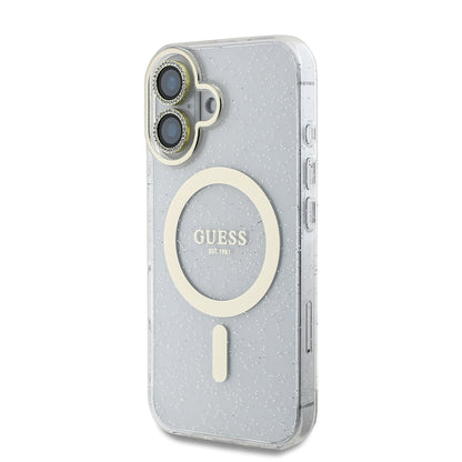 iPhone 16 Guess Orijinal Lisanslı 3'lü Aksesuar Seti IML Baskılı Simli Glitter Kılıf + Ekran Koruyucu + Lens Koruyucu