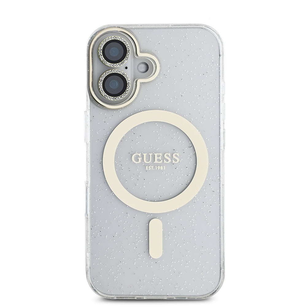 iPhone 16 Guess Orijinal Lisanslı 3'lü Aksesuar Seti IML Baskılı Simli Glitter Kılıf + Ekran Koruyucu + Lens Koruyucu