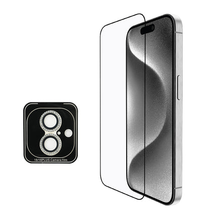 iPhone 16 Guess Orijinal Lisanslı 3'lü Aksesuar Seti IML Baskılı Simli Glitter Kılıf + Ekran Koruyucu + Lens Koruyucu