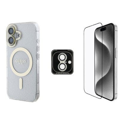 iPhone 16 Guess Orijinal Lisanslı 3'lü Aksesuar Seti IML Baskılı Simli Glitter Kılıf + Ekran Koruyucu + Lens Koruyucu