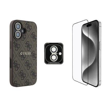 iPhone 16 Guess Orijinal Lisanslı Kılıf + Ekran Koruyucu + Lens Koruyucu 3in1 Aksesuar Seti