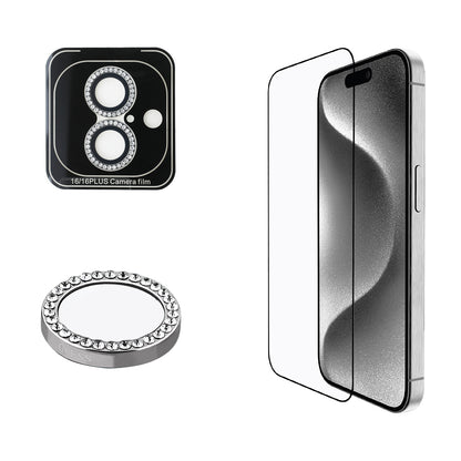 iPhone 16 Guess Orijinal Lisanslı Rhinestone Ekran Koruyucu + Lens Koruyucu 2in1 Aksesuar Seti