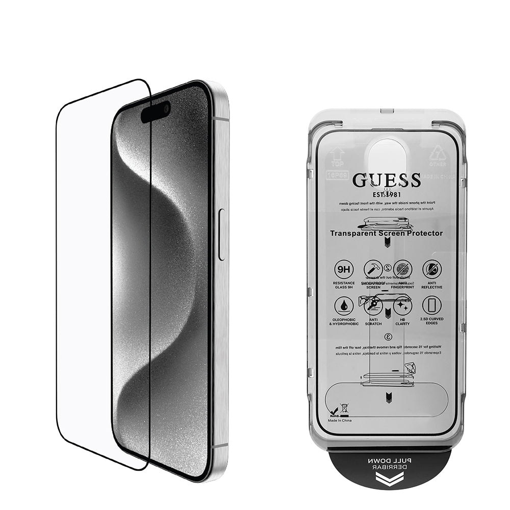 iPhone 16 Guess orijinal Lisanslı Temperli Cam Ekran Koruyucu Uygulama Aparatlı Outline Serisi