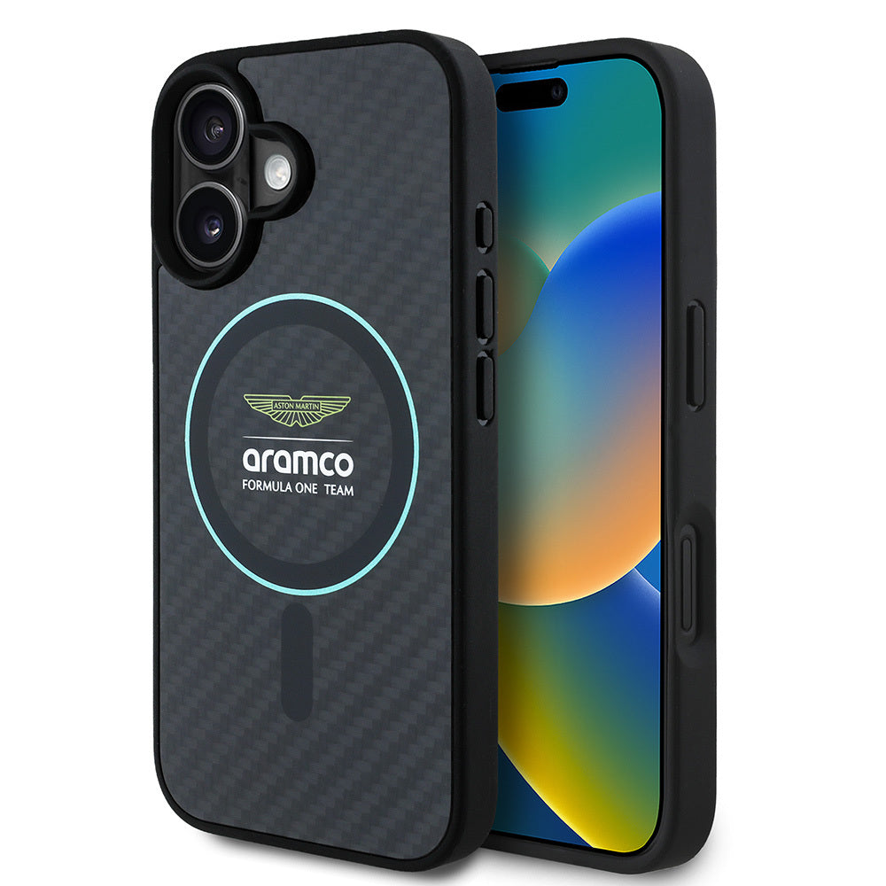 iPhone 16 Kılıf Aston Martin Orijinal Lisanslı M-safe Şarj Özellikli Renkli Halka ve Karbon Fiber Tasarımlı Kılıf