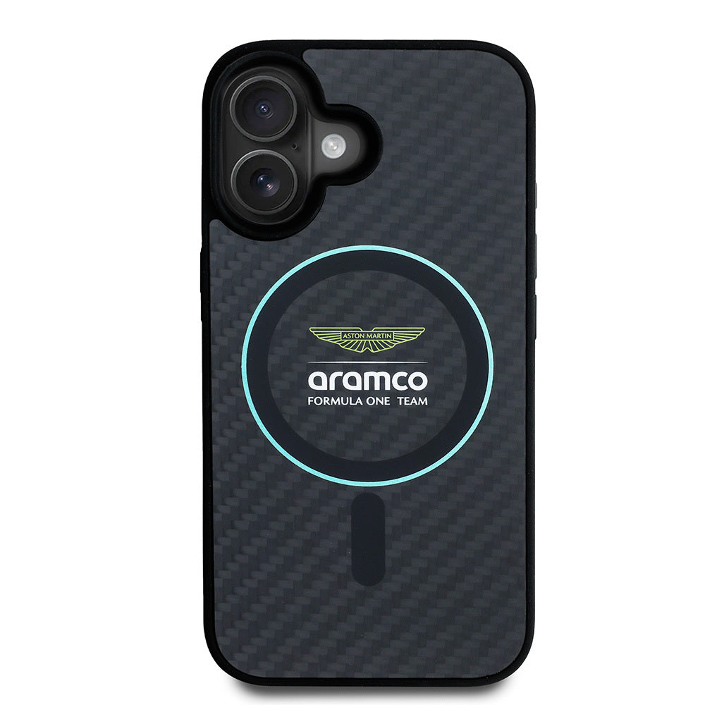 iPhone 16 Kılıf Aston Martin Orijinal Lisanslı M-safe Şarj Özellikli Renkli Halka ve Karbon Fiber Tasarımlı Kılıf