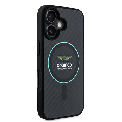 iPhone 16 Kılıf Aston Martin Orijinal Lisanslı M-safe Şarj Özellikli Renkli Halka ve Karbon Fiber Tasarımlı Kılıf