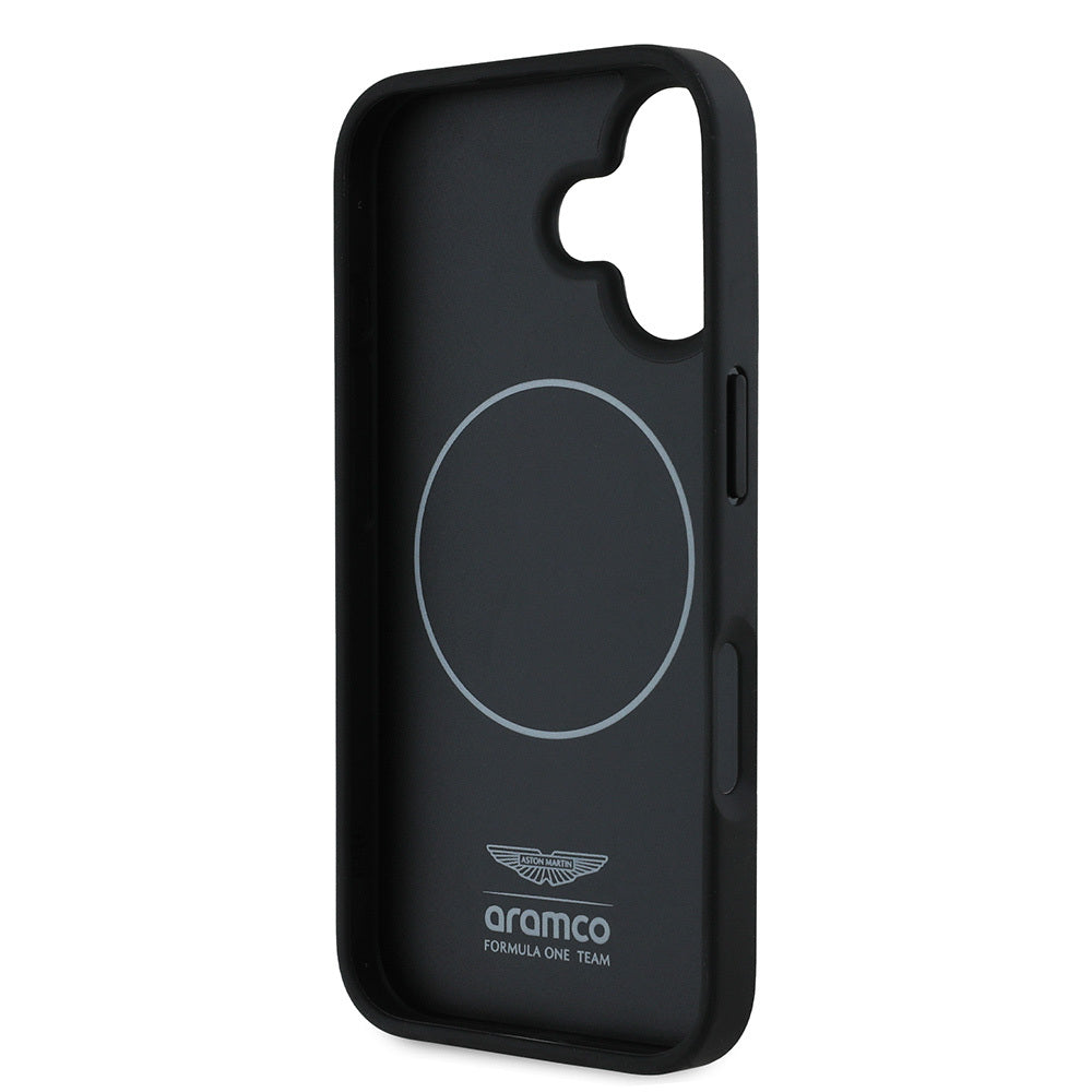 iPhone 16 Kılıf Aston Martin Orijinal Lisanslı M-safe Şarj Özellikli Renkli Halka ve Karbon Fiber Tasarımlı Kılıf
