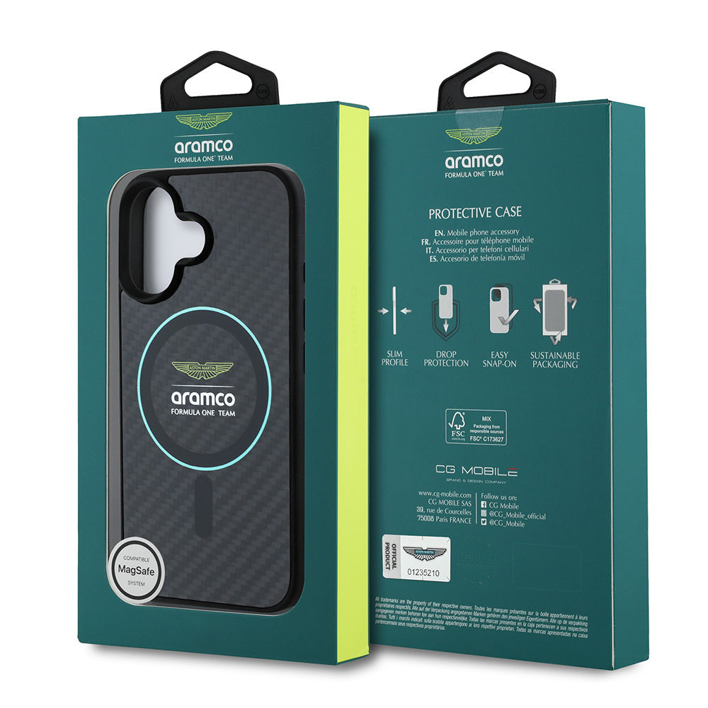 iPhone 16 Kılıf Aston Martin Orijinal Lisanslı M-safe Şarj Özellikli Renkli Halka ve Karbon Fiber Tasarımlı Kılıf