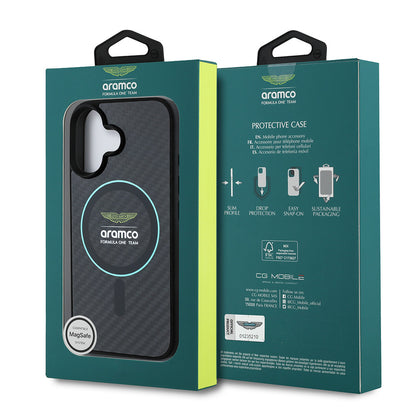 iPhone 16 Kılıf Aston Martin Orijinal Lisanslı M-safe Şarj Özellikli Renkli Halka ve Karbon Fiber Tasarımlı Kılıf