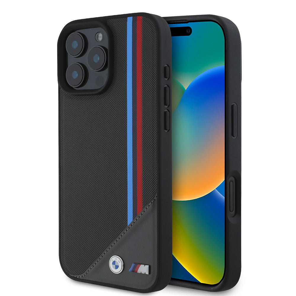iPhone 16 Kılıf BMW Orijinal Lisanslı M-safe Şarj Özellikli M Logolu Üç Çizgili Dikiş Detaylı Meshed Tricolor Stripes Kılıf