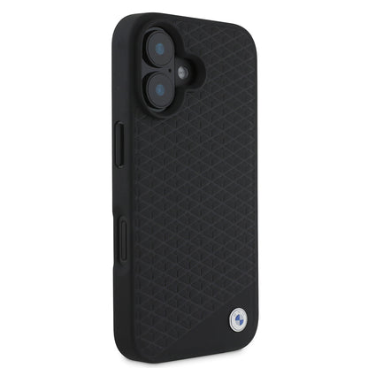 iPhone 16 Kılıf BMW Orijinal Lisanslı M-safe Şarj Özellikli Metal Logolu Dokulu Diamond Deri Kılıf