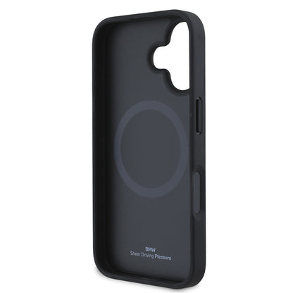 iPhone 16 Kılıf BMW Orijinal Lisanslı M-safe Şarj Özellikli Metal Logolu Dokulu Diamond Deri Kılıf