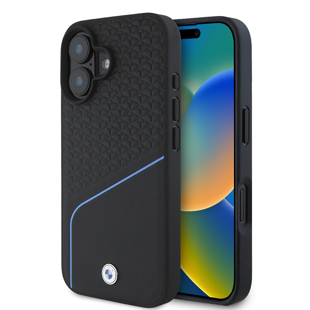 iPhone 16 Kılıf BMW Orijinal Lisanslı M-safe Şarj Özellikli Metal Logolu Dokulu ve Çizgili Deri Kılıf