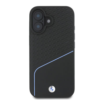 iPhone 16 Kılıf BMW Orijinal Lisanslı M-safe Şarj Özellikli Metal Logolu Dokulu ve Çizgili Deri Kılıf