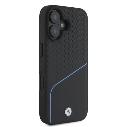 iPhone 16 Kılıf BMW Orijinal Lisanslı M-safe Şarj Özellikli Metal Logolu Dokulu ve Çizgili Deri Kılıf