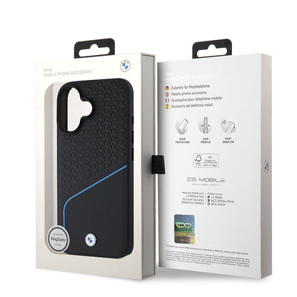 iPhone 16 Kılıf BMW Orijinal Lisanslı M-safe Şarj Özellikli Metal Logolu Dokulu ve Çizgili Deri Kılıf