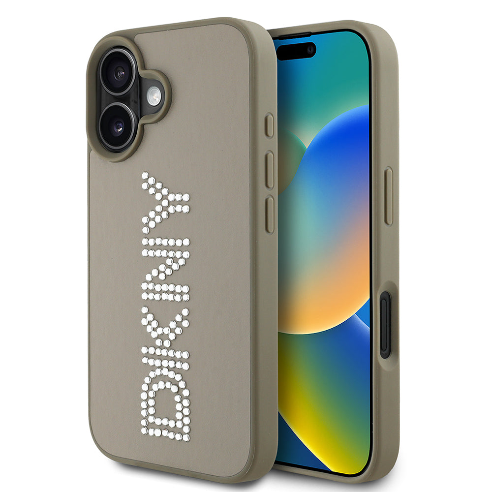 iPhone 16 Kılıf DKNY Orjinal Lisanslı Taşlı DKNY Yazılı Metalik Rhinestones PU Deri Kılıf