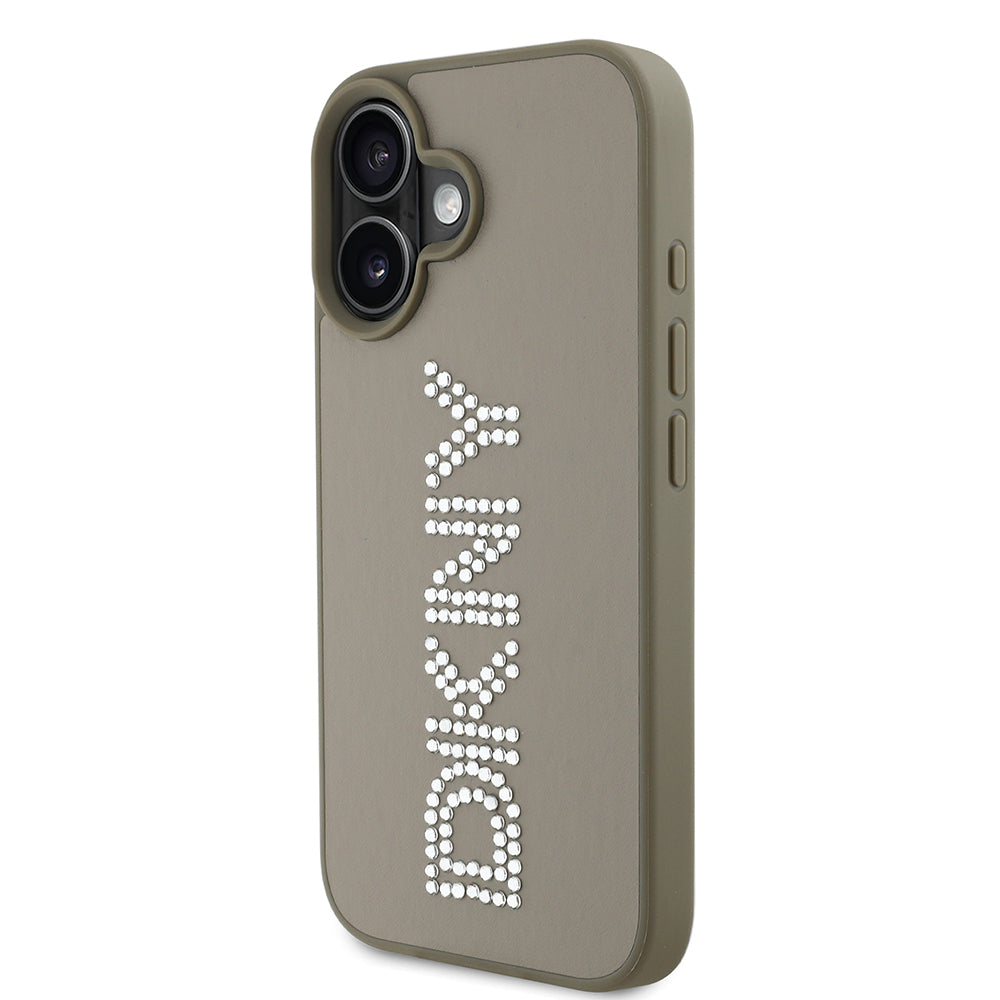 iPhone 16 Kılıf DKNY Orjinal Lisanslı Taşlı DKNY Yazılı Metalik Rhinestones PU Deri Kılıf