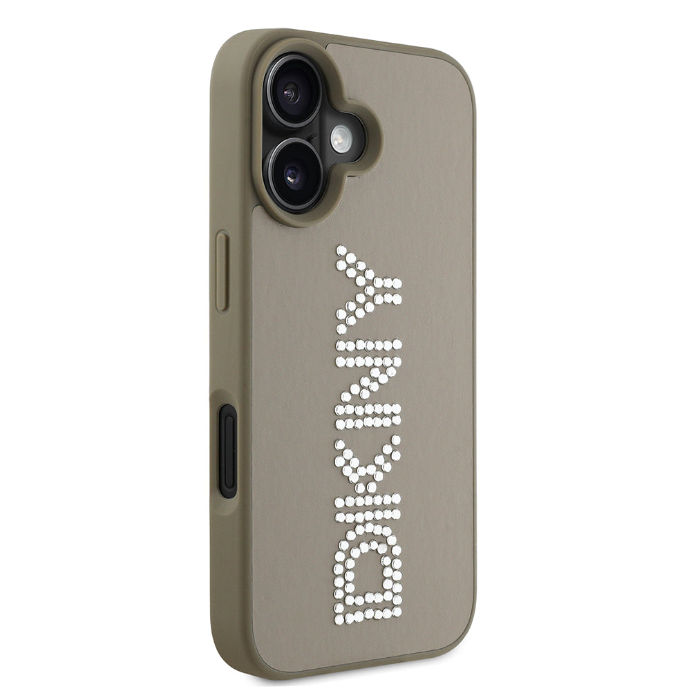 iPhone 16 Kılıf DKNY Orjinal Lisanslı Taşlı DKNY Yazılı Metalik Rhinestones PU Deri Kılıf