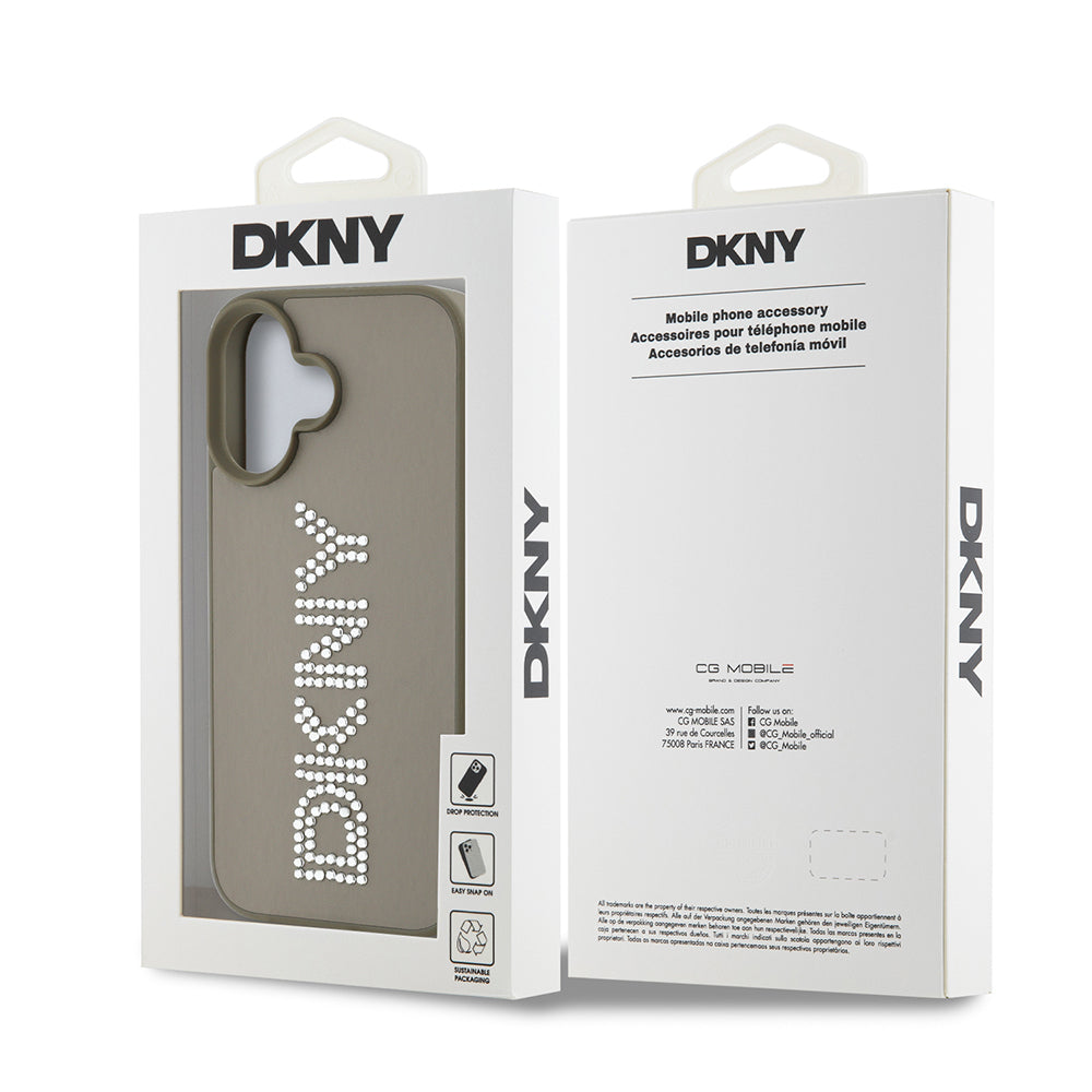 iPhone 16 Kılıf DKNY Orjinal Lisanslı Taşlı DKNY Yazılı Metalik Rhinestones PU Deri Kılıf