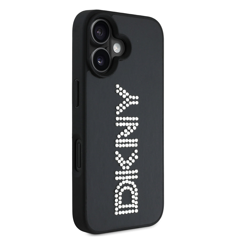 iPhone 16 Kılıf DKNY Orjinal Lisanslı Taşlı DKNY Yazılı Metalik Rhinestones PU Deri Kılıf