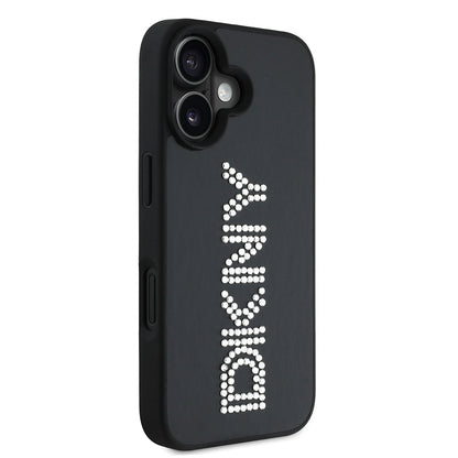 iPhone 16 Kılıf DKNY Orjinal Lisanslı Taşlı DKNY Yazılı Metalik Rhinestones PU Deri Kılıf