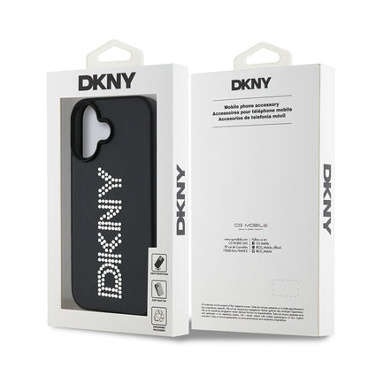 iPhone 16 Kılıf DKNY Orjinal Lisanslı Taşlı DKNY Yazılı Metalik Rhinestones PU Deri Kılıf
