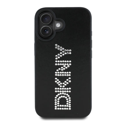 iPhone 16 Kılıf DKNY Orjinal Lisanslı Taşlı DKNY Yazılı Metalik Rhinestones PU Deri Kılıf