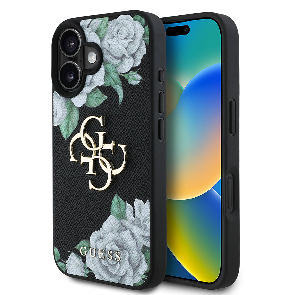 iPhone 16 Kılıf Guess Orijinal Lisanslı Gül Baskılı Büyük Metal Logo Dizaynlı Kılıf