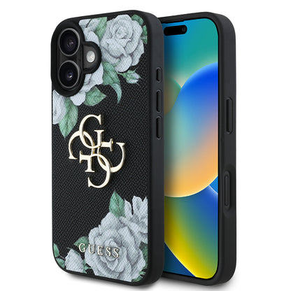 iPhone 16 Kılıf Guess Orijinal Lisanslı Gül Baskılı Büyük Metal Logo Dizaynlı Kılıf