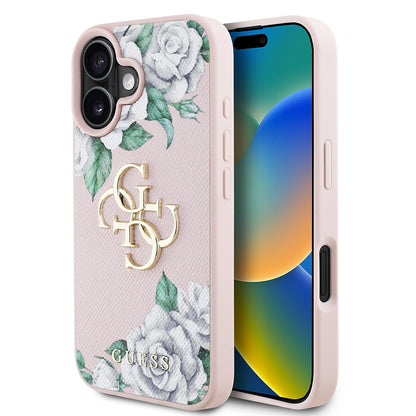 iPhone 16 Kılıf Guess Orijinal Lisanslı Gül Baskılı Büyük Metal Logo Dizaynlı Kılıf