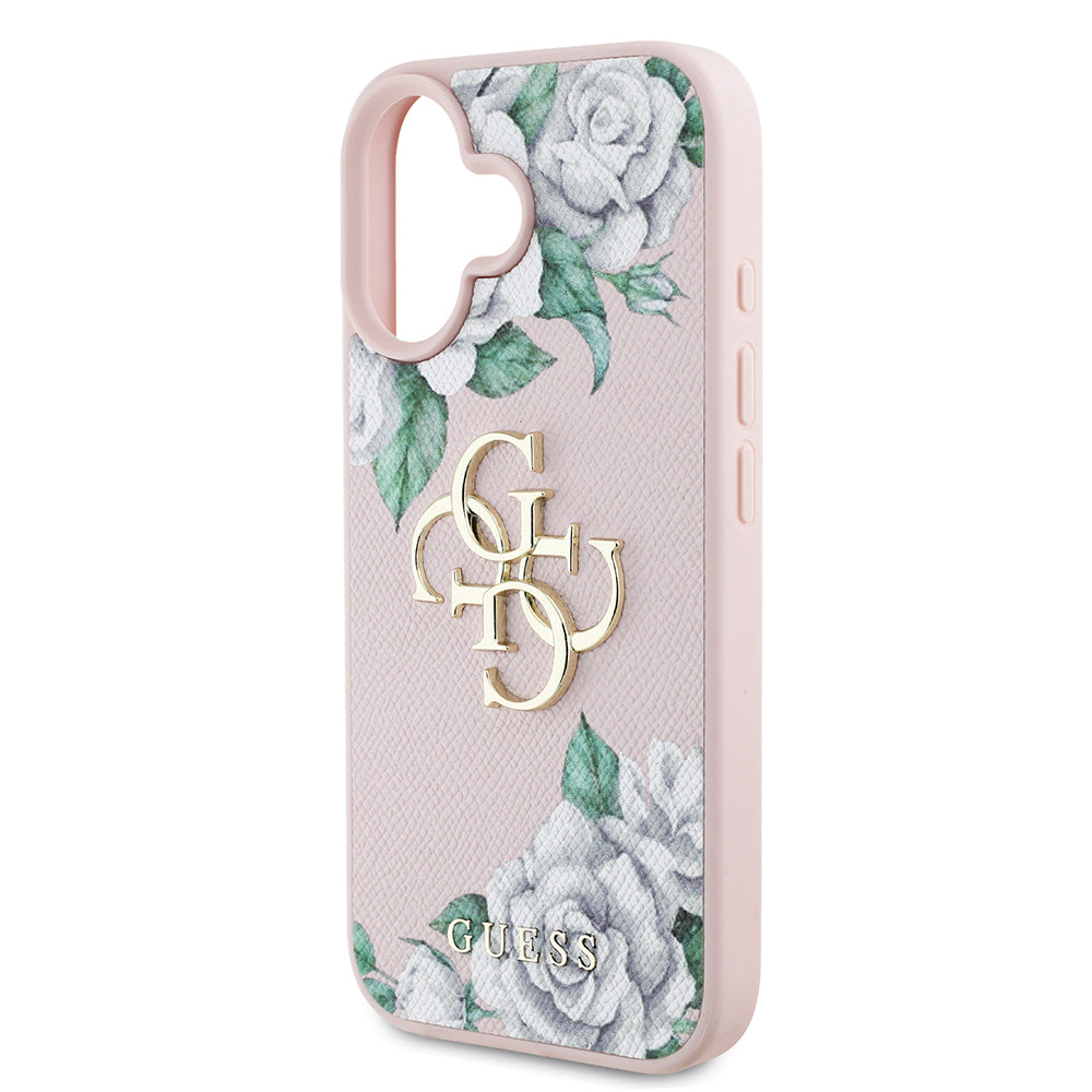 iPhone 16 Kılıf Guess Orijinal Lisanslı Gül Baskılı Büyük Metal Logo Dizaynlı Kılıf