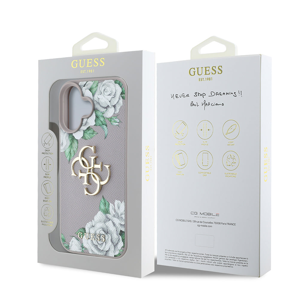 iPhone 16 Kılıf Guess Orijinal Lisanslı Gül Baskılı Büyük Metal Logo Dizaynlı Kılıf