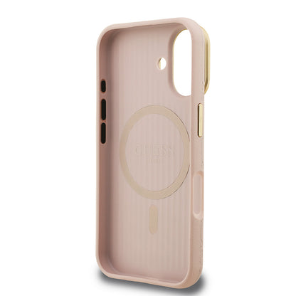 iPhone 16 Kılıf Guess Orijinal Lisanslı M-safe Şarj Özellikli Sıcak Baskılı Yazı Logolu Kamera Standlı PU Deri Peony Kılıf