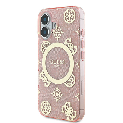 iPhone 16 Kılıf Guess Orijinal Lisanslı M-safe Şarj Özellikli 4G Desenli IML Yazı Logolu Peony Kılıf
