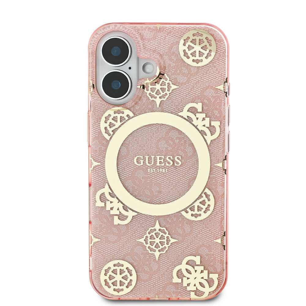 iPhone 16 Kılıf Guess Orijinal Lisanslı M-safe Şarj Özellikli 4G Desenli IML Yazı Logolu Peony Kılıf