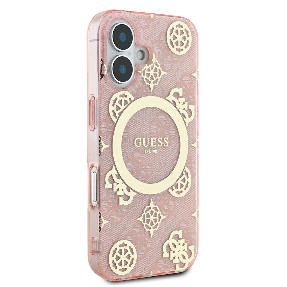 iPhone 16 Kılıf Guess Orijinal Lisanslı M-safe Şarj Özellikli 4G Desenli IML Yazı Logolu Peony Kılıf
