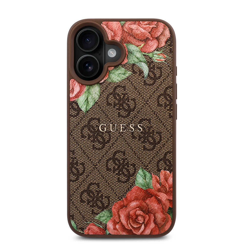 iPhone 16 Kılıf Guess Orijinal Lisanslı M-safe Şarj Özellikli Gül Baskılı 4G Desenli Yazı Logolu Kılıf