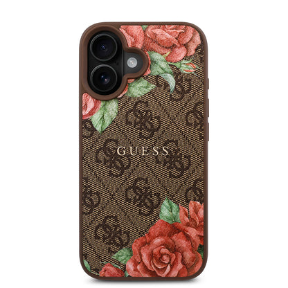 iPhone 16 Kılıf Guess Orijinal Lisanslı M-safe Şarj Özellikli Gül Baskılı 4G Desenli Yazı Logolu Kılıf