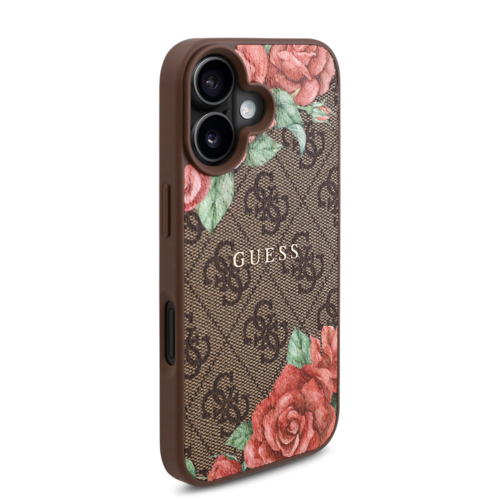 iPhone 16 Kılıf Guess Orijinal Lisanslı M-safe Şarj Özellikli Gül Baskılı 4G Desenli Yazı Logolu Kılıf