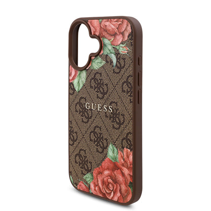 iPhone 16 Kılıf Guess Orijinal Lisanslı M-safe Şarj Özellikli Gül Baskılı 4G Desenli Yazı Logolu Kılıf