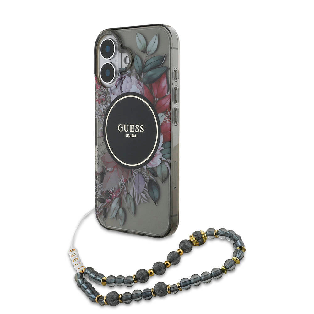 iPhone 16 Kılıf Guess Orijinal Lisanslı M-safe Şarj Özellikli IML Baskılı Çiçek İnci Bileklikli Kılıf