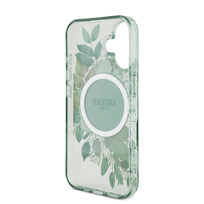 iPhone 16 Kılıf Guess Orijinal Lisanslı M-safe Şarj Özellikli IML Baskılı Çiçek İnci Bileklikli Kılıf