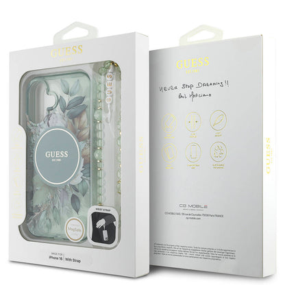 iPhone 16 Kılıf Guess Orijinal Lisanslı M-safe Şarj Özellikli IML Baskılı Çiçek İnci Bileklikli Kılıf