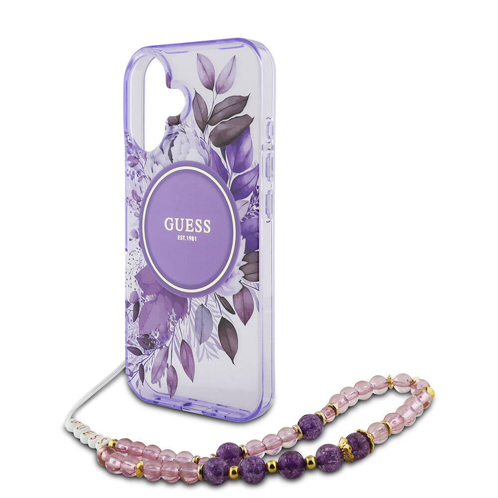 iPhone 16 Kılıf Guess Orijinal Lisanslı M-safe Şarj Özellikli IML Baskılı Çiçek İnci Bileklikli Kılıf